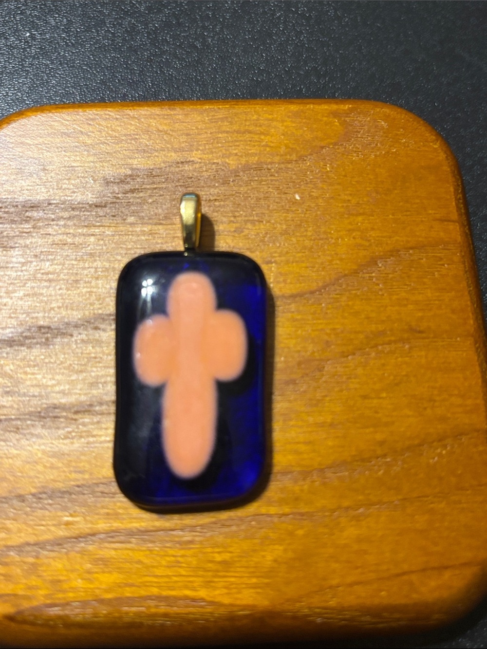 Art Glass Blue Pendant with Pink Cross‎ Artisan Glass